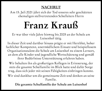 Traueranzeige von Franz Krauß von Landsberger Tagblatt
