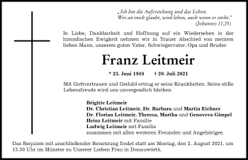 Traueranzeige von Franz Leitmeir von Donauwörther Zeitung