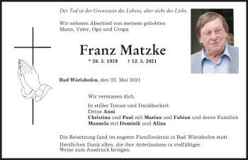 Traueranzeige von Franz Matzke von Mindelheimer Zeitung