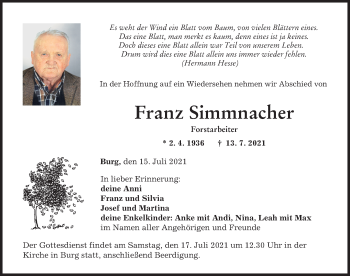 Traueranzeige von Franz Simmnacher von Mittelschwäbische Nachrichten