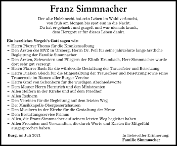 Traueranzeige von Franz Simmnacher von Mittelschwäbische Nachrichten