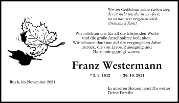 Traueranzeige von Franz Westermann von Memminger Zeitung