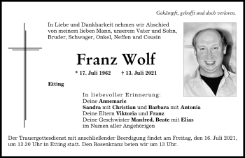 Traueranzeige von Franz Wolf von Neuburger Rundschau, Donauwörther Zeitung