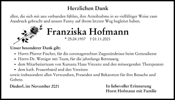 Traueranzeige von Franziska Hofmann von Augsburger Allgemeine