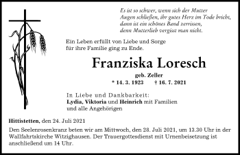 Traueranzeige von Franziska Loresch von Neu-Ulmer Zeitung