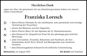 Traueranzeige von Franziska Loresch von Neu-Ulmer Zeitung