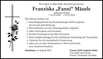 Traueranzeige von Franziska Mäusle von Günzburger Zeitung