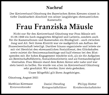 Traueranzeige von Franziska Mäusle von Günzburger Zeitung