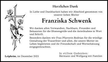 Traueranzeige von Franziska Schwenk von Günzburger Zeitung