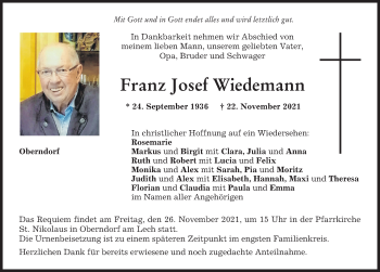 Traueranzeige von Franz Josef Wiedemann von Friedberger Allgemeine, Donauwörther Zeitung