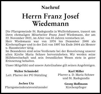 Traueranzeige von Franz Josef Wiedemann von Friedberger Allgemeine