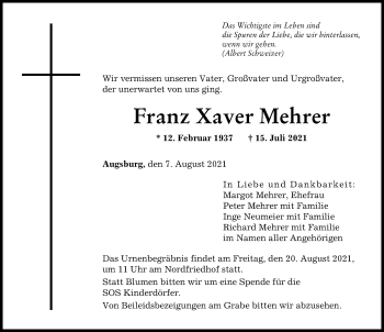 Traueranzeige von Franz Xaver Mehrer von Augsburger Allgemeine