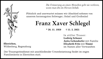 Traueranzeige von Franz Xaver Schlegel von Illertisser Zeitung