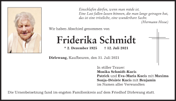 Traueranzeige von Friderika Schmidt von Mindelheimer Zeitung