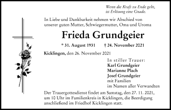 Traueranzeige von Frieda Grundgeier von Donau Zeitung
