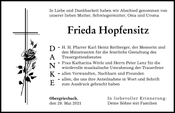Traueranzeige von Frieda Hopfensitz von Aichacher Nachrichten