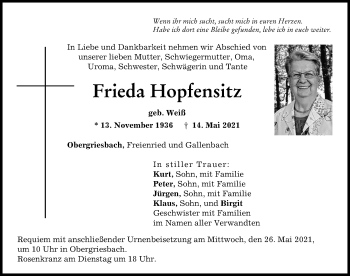 Traueranzeige von Frieda Hopfensitz von Aichacher Nachrichten
