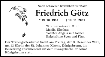 Traueranzeige von Friedrich Götz von Augsburger Allgemeine