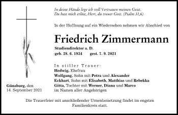 Traueranzeige von Friedrich Zimmermann von Günzburger Zeitung