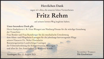 Traueranzeige von Fritz Rehm von Donau Zeitung