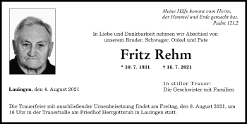 Traueranzeige von Fritz Rehm von Donau Zeitung