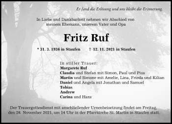 Traueranzeige von Fritz Ruf von Donau Zeitung