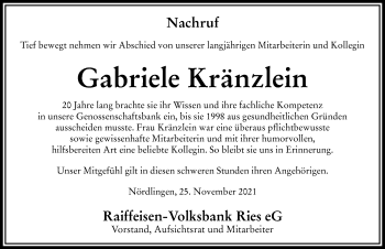 Traueranzeige von Gabriele Kränzlein von Rieser Nachrichten