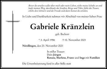 Traueranzeige von Gabriele Kränzlein von Rieser Nachrichten
