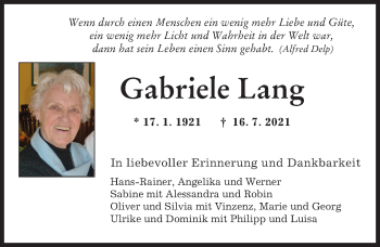 Traueranzeige von Gabriele Lang von Augsburger Allgemeine