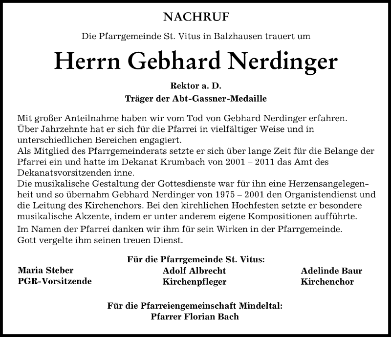  Traueranzeige für Gebhard Nerdinger vom 24.09.2021 aus Mittelschwäbische Nachrichten