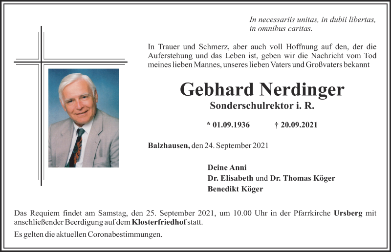  Traueranzeige für Gebhard Nerdinger vom 24.09.2021 aus Mittelschwäbische Nachrichten, Günzburger Zeitung