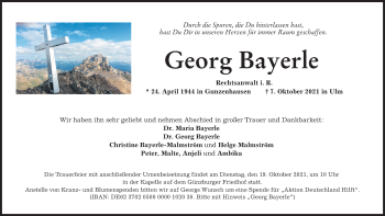 Traueranzeige von Georg Bayerle von Günzburger Zeitung