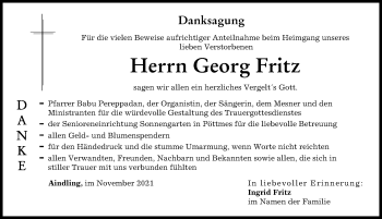Traueranzeige von Georg Fritz von Augsburger Allgemeine, Aichacher Nachrichten