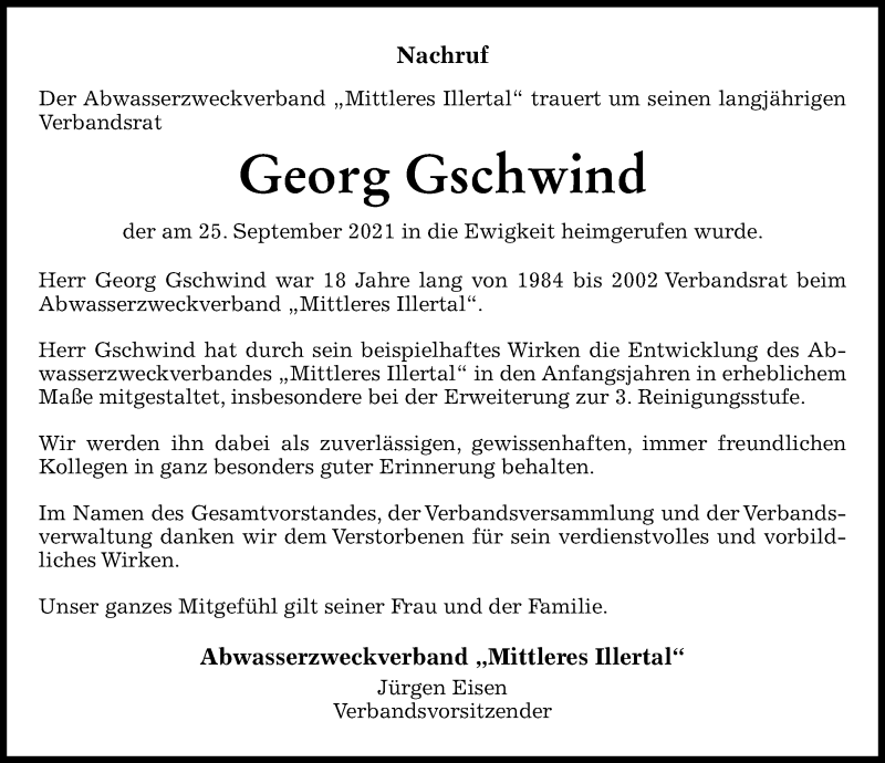  Traueranzeige für Georg Gschwind vom 01.10.2021 aus Illertisser Zeitung