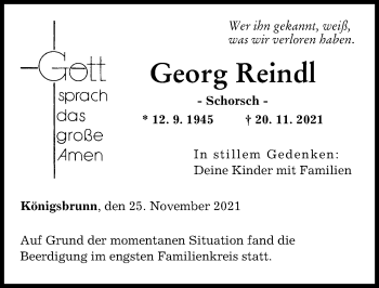 Traueranzeige von Georg Reindl von Augsburger Allgemeine