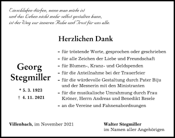 Traueranzeige von Georg Stegmiller von Wertinger Zeitung