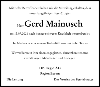 Traueranzeige von Gerd Mainusch von Friedberger Allgemeine, Aichacher Nachrichten