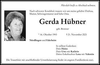 Traueranzeige von Gerda Hübner von Rieser Nachrichten