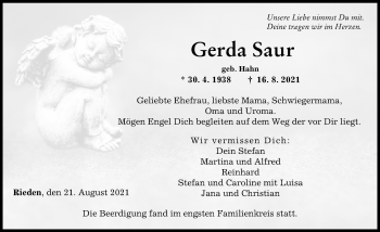 Traueranzeige von Gerda Saur von Günzburger Zeitung