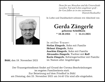 Traueranzeige von Gerda Zängerle von Günzburger Zeitung