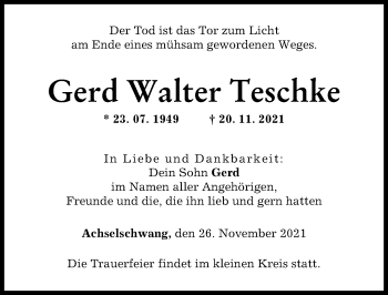 Traueranzeige von Gerd Walter Teschke von Landsberger Tagblatt