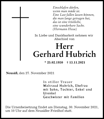 Traueranzeige von Gerhard Hubrich von Augsburger Allgemeine