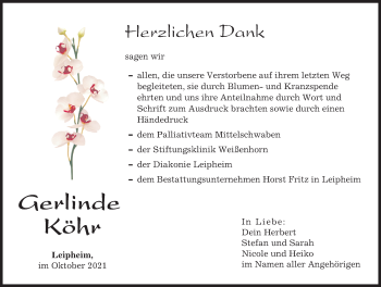 Traueranzeige von Gerlinde Köhr von Günzburger Zeitung