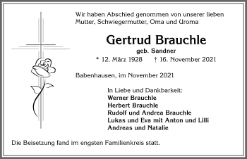 Traueranzeige von Gertrud Brauchle von Illertisser Zeitung