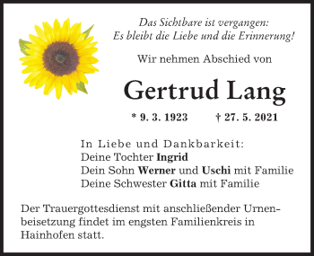 Traueranzeige von Gertrud Lang von Augsburger Allgemeine