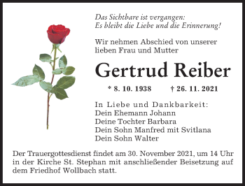 Traueranzeige von Gertrud Reiber von Augsburger Allgemeine