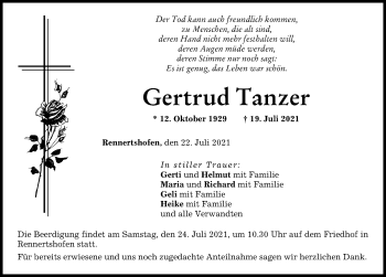Traueranzeige von Gertrud Tanzer von Neuburger Rundschau