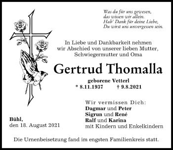 Traueranzeige von Gertrud Thomalla von Günzburger Zeitung