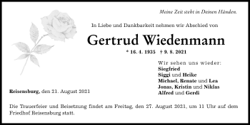 Traueranzeige von Gertrud Wiedenmann von Günzburger Zeitung