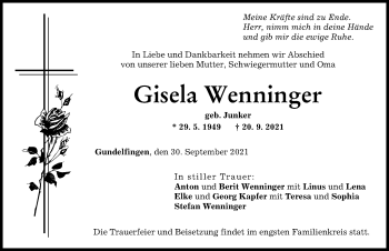 Traueranzeige von Gisela Wenninger von Donau Zeitung